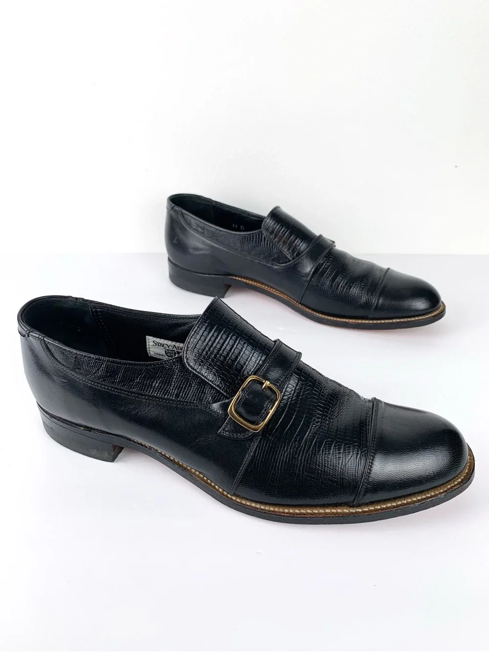 Stacy Adams lizard embossed black leather cap toe monk strap dress shoes size 11